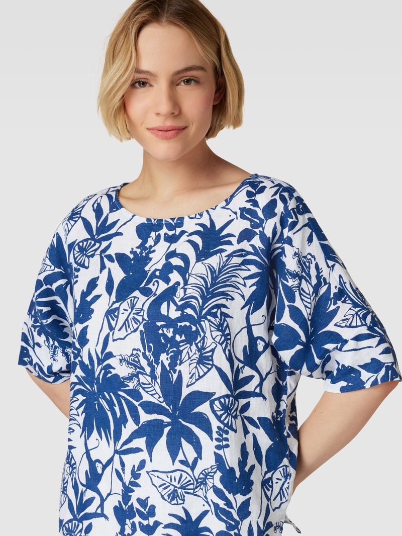Blusenshirt aus Leinen mit Allover-Motiv-Print in marineblau