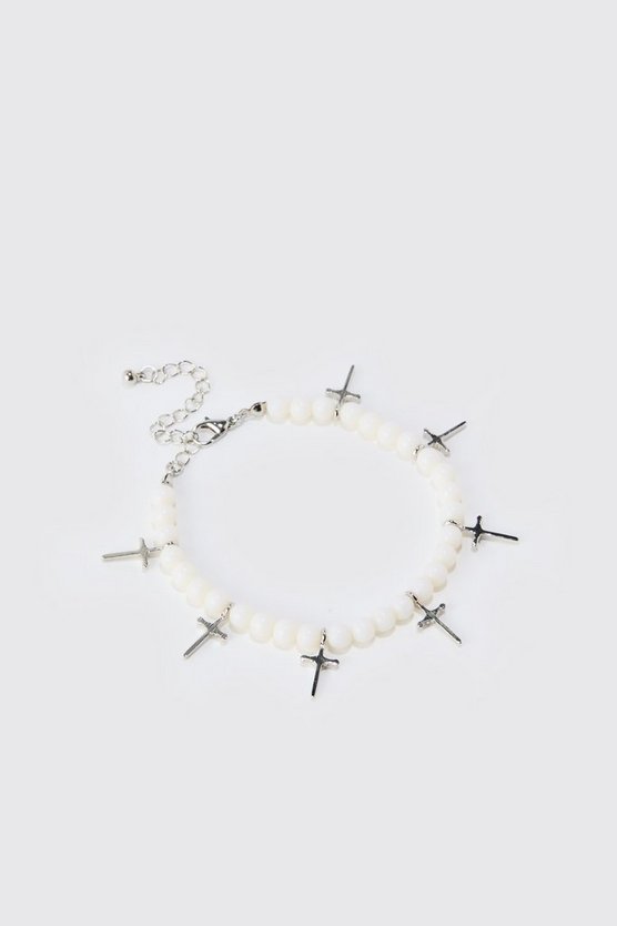Weißes Perlen-Armband mit Kreuz-Anhänger