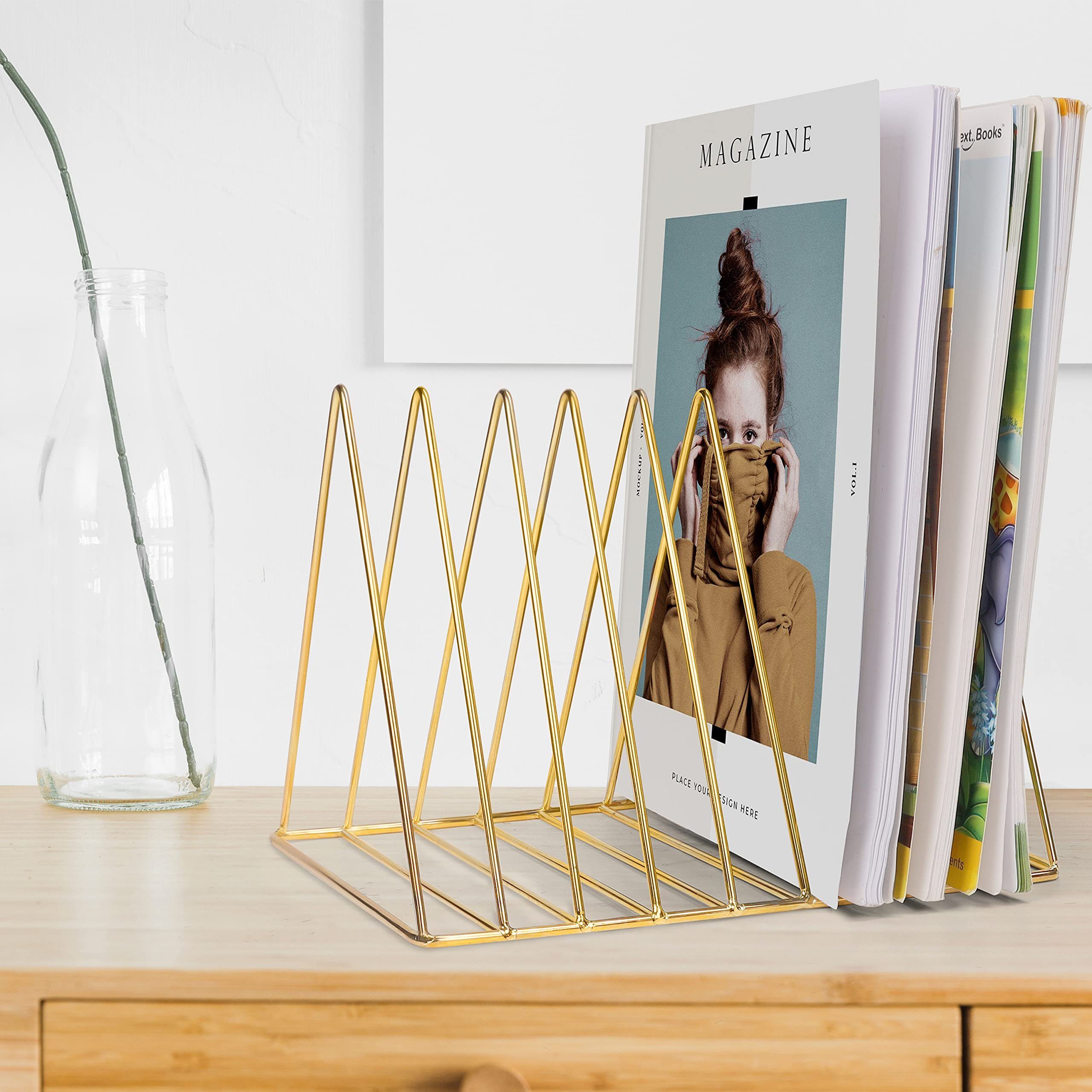 Belle Vous Zeitungsständer Metall Buchstütze mit 9 Fächern - Gold, Dreieckig, Metal Bookend with 9 Slots - Gold, Triangular