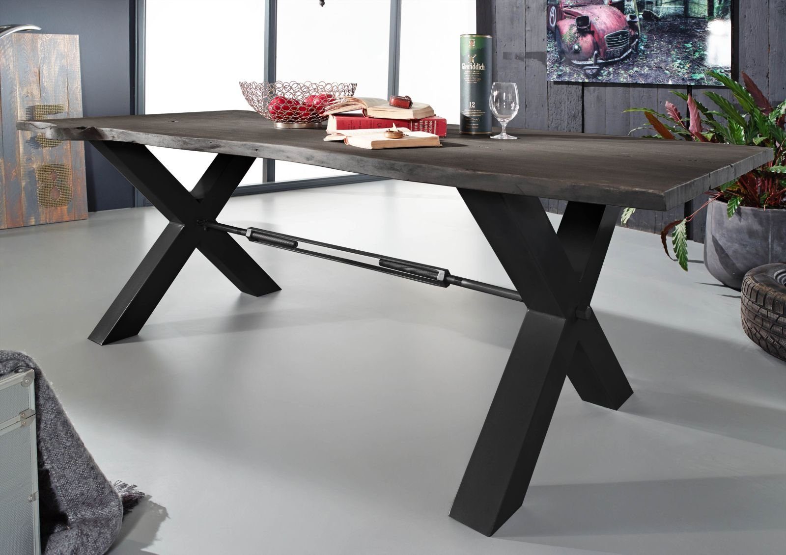 Massivmoebel24 Esstisch Esstisch Akazie 180x100x76 grau lackiert IRON LABEL #115