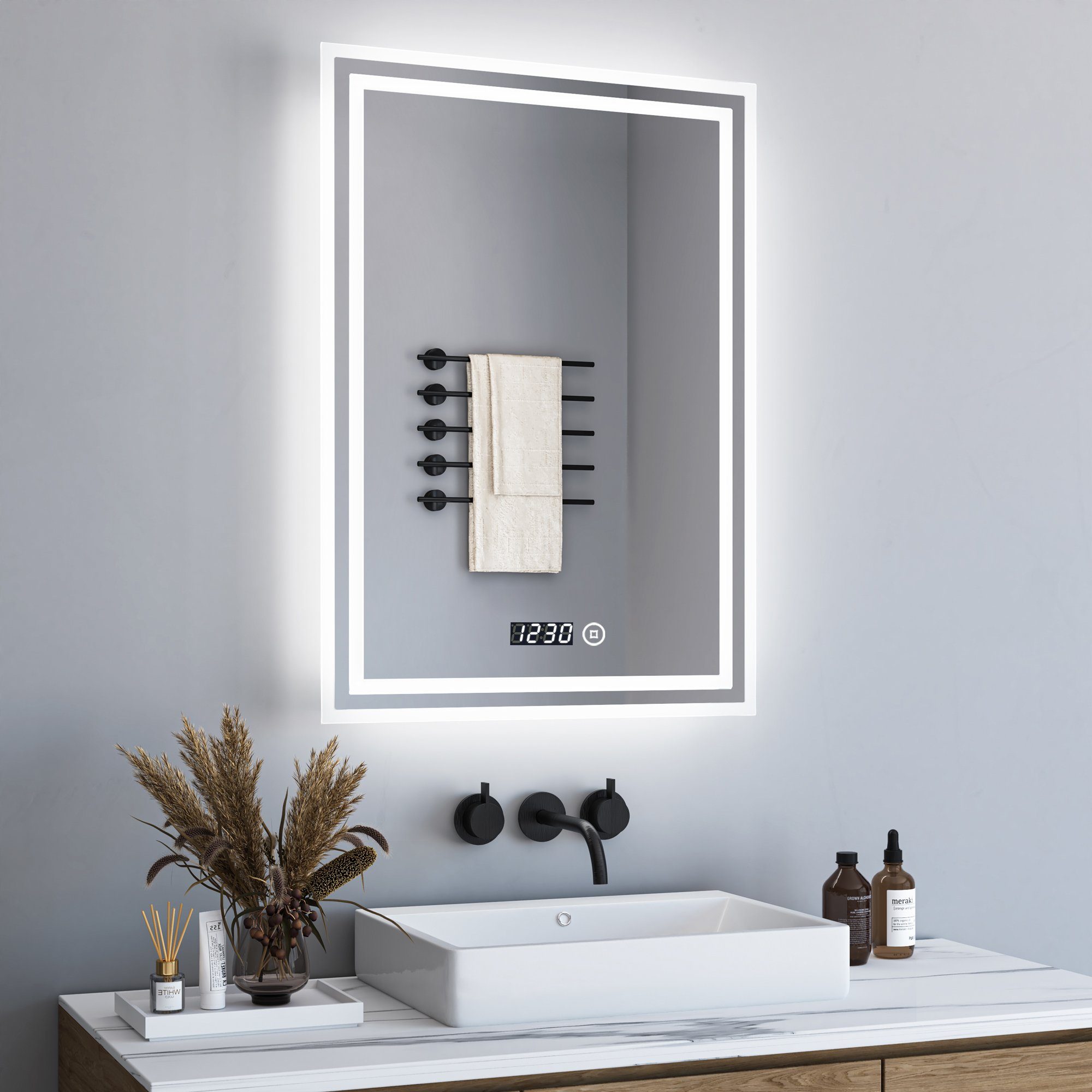 WDWRITTI Spiegel Bad mit uhr Touch Badspiegel mit beleuchtung 50x70 (Wandspiegel Helligkeit 3Lichtfarben, 3000-6500K), Speicherfunktion, IP44