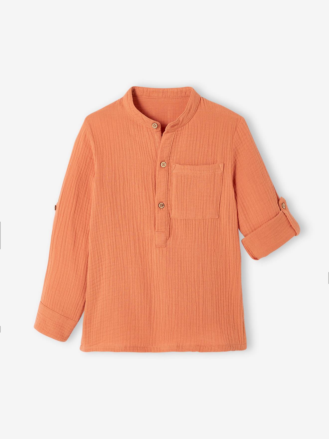 Chemise garçon en gaze de coton manches retroussables bleu moyen