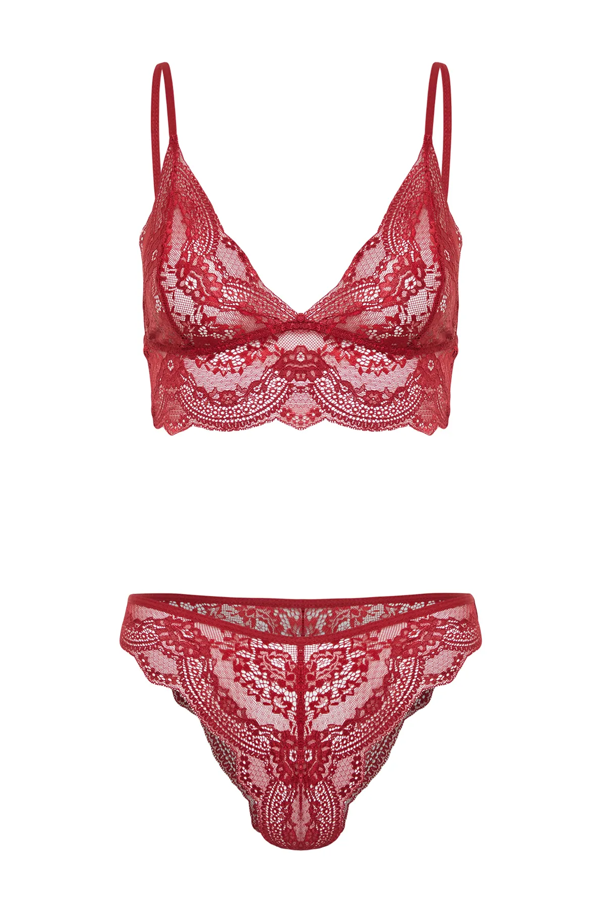 Trendyol Collection  Burgunderrotes Dessous-Set aus Strick mit unbedeckten Spitzenriemen THMSS24CC00030