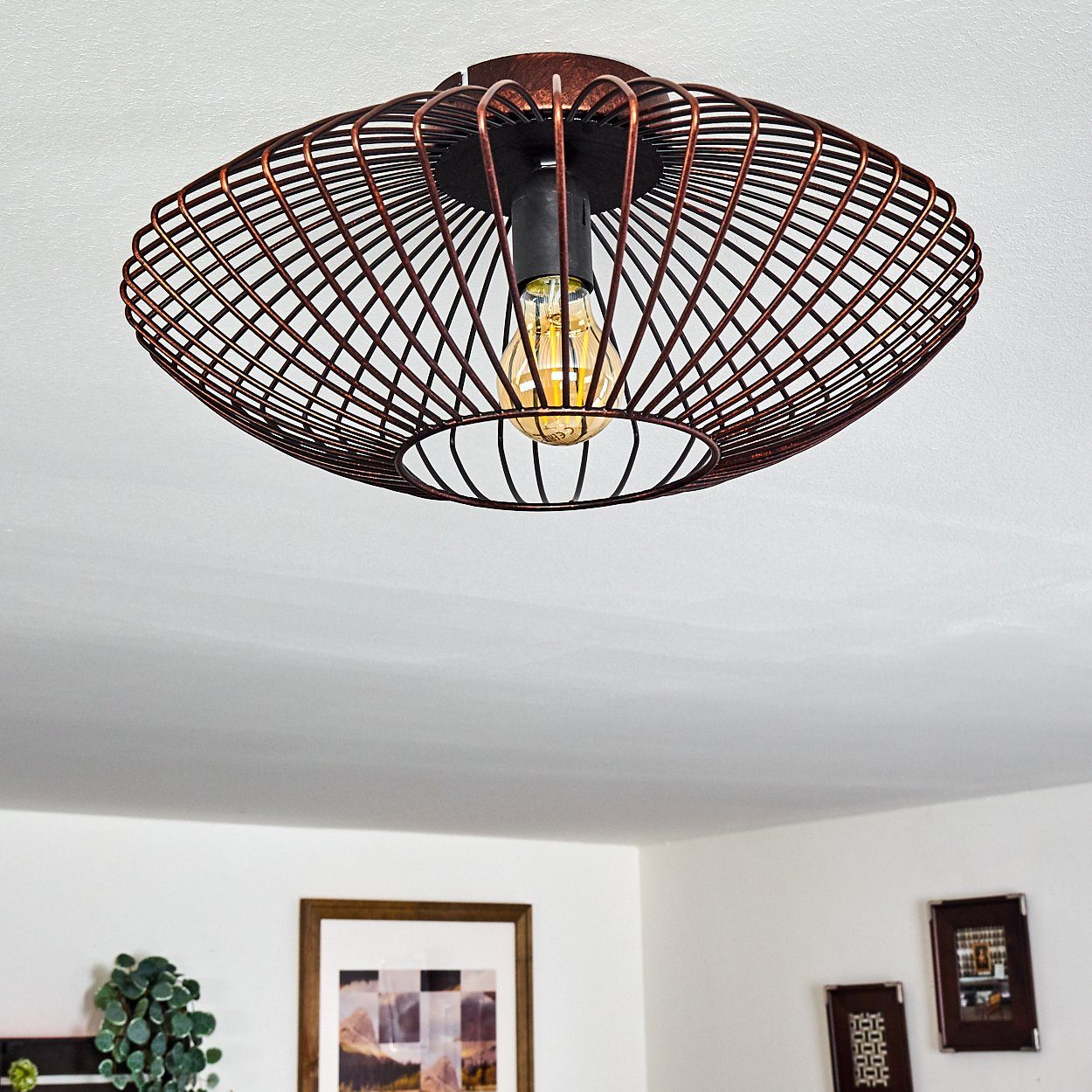 hofstein Deckenleuchte Pieris runde Deckenlampe aus Metall in Schwarz/Kupfer, ohne Leuchtmittel, E27, Retro-Leuchte mit Lichteffekt durch Gitter-Optik