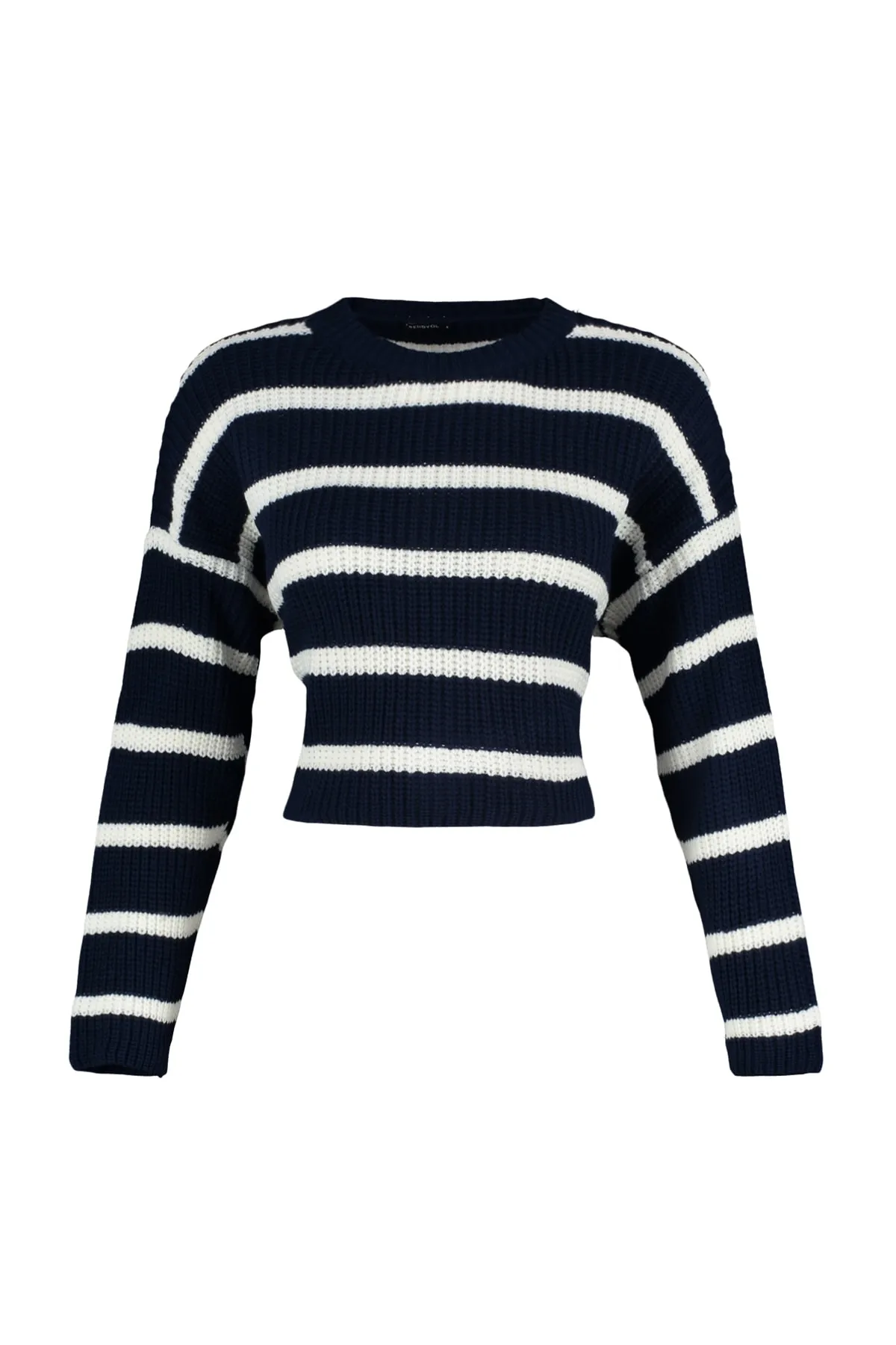 Trendyol Collection  Marineblauer kurzer Basic-Strickpullover mit Streifen TWOAW23KZ00390