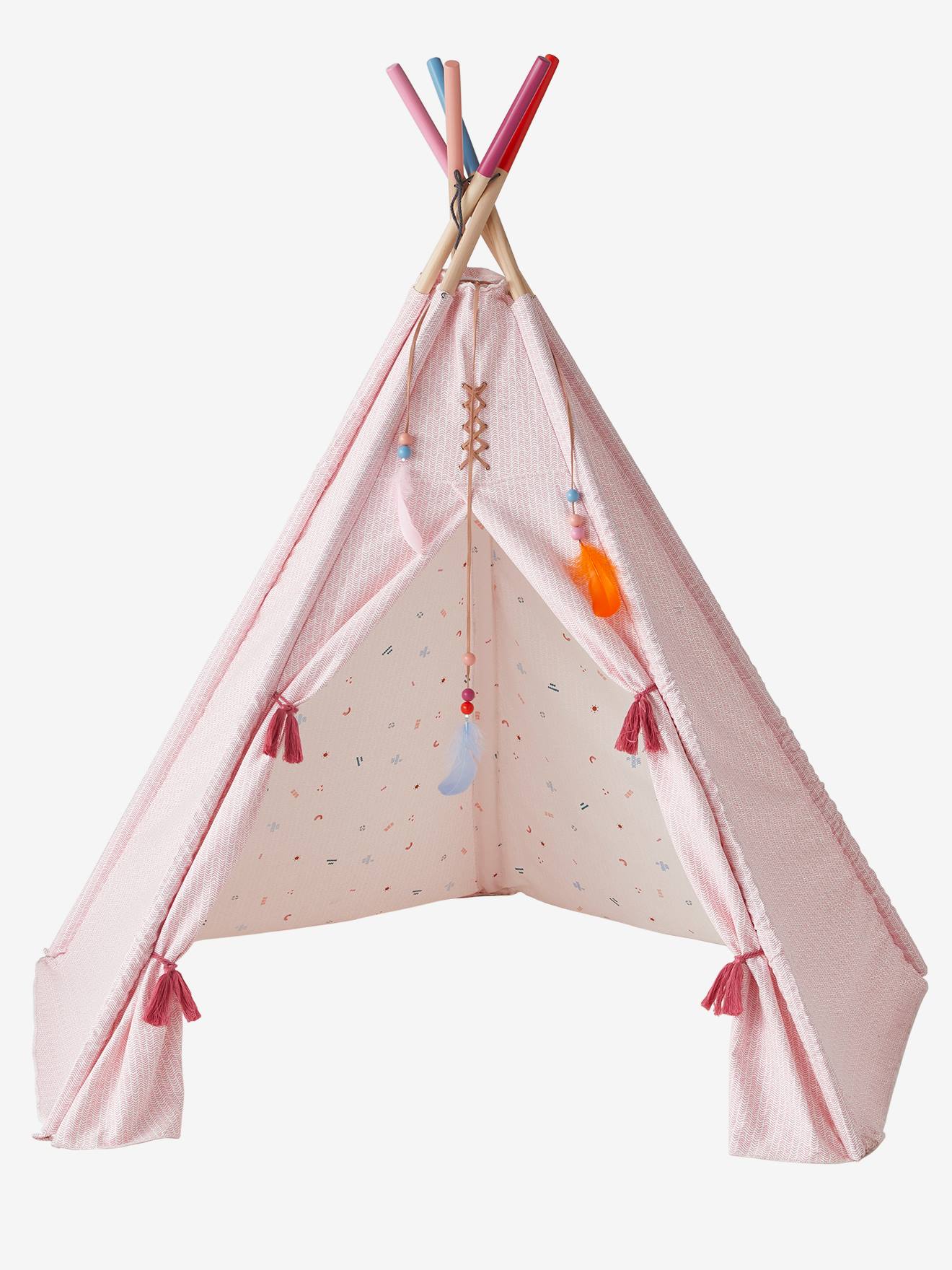 Vertbaudet Kinder Spielzelt PETITE SIOUX, wendbares Tipi mit Holzstangen, FSC - rosa/wollweiß bedruckt