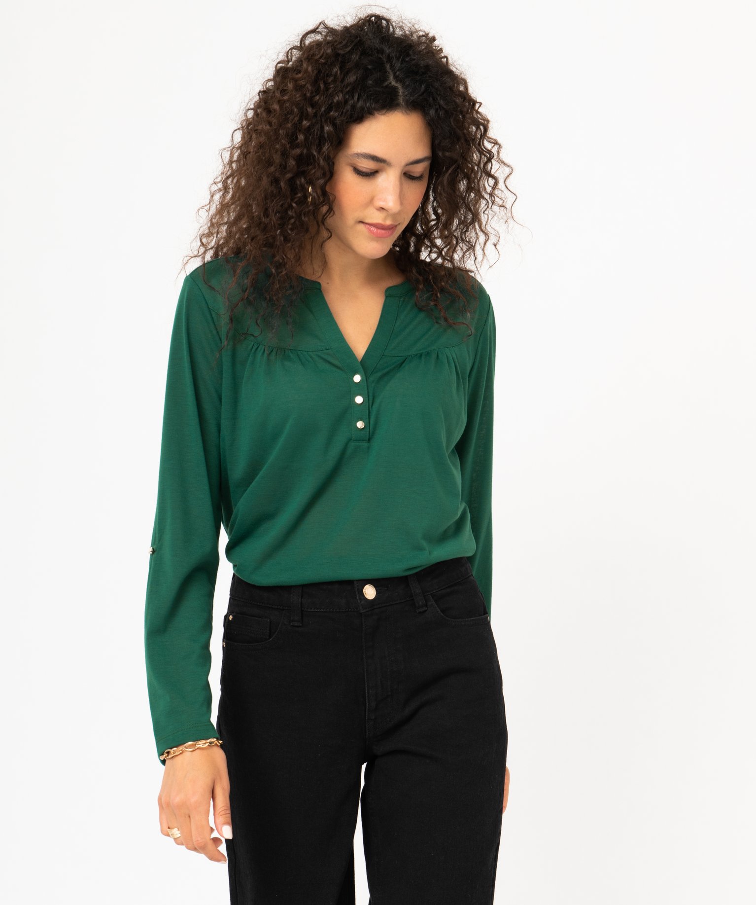Tee-shirt à manches longues en polyester recyclé femme vert | GEMO