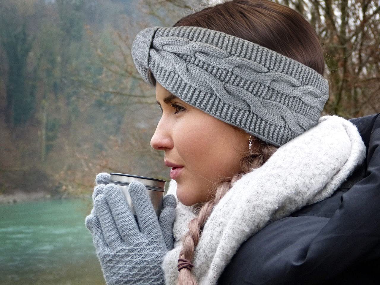 Frentree Stirnband Damen gestricktes Haarband mit Schleife und Zopfmuster, Mädchen Ohrenwärmer gefüttert mit weichem Fleece Innenfutter
