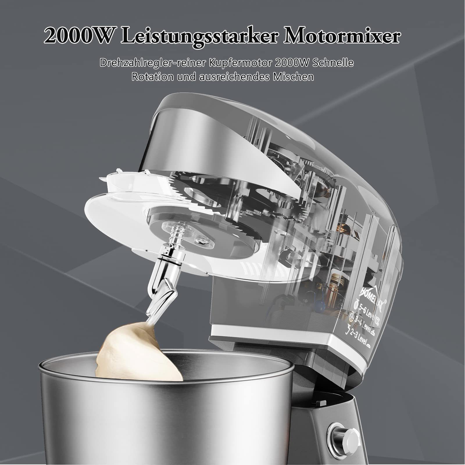 HOMELUX Küchenmaschine Multifunktional Knetmaschine mit 6 Geschwindigkeit, 2000,00 W, 5,00 l Schüssel, inkl 3-Teiligem Patisserie-Set und Spritzschutz, Edelstahlschüssel