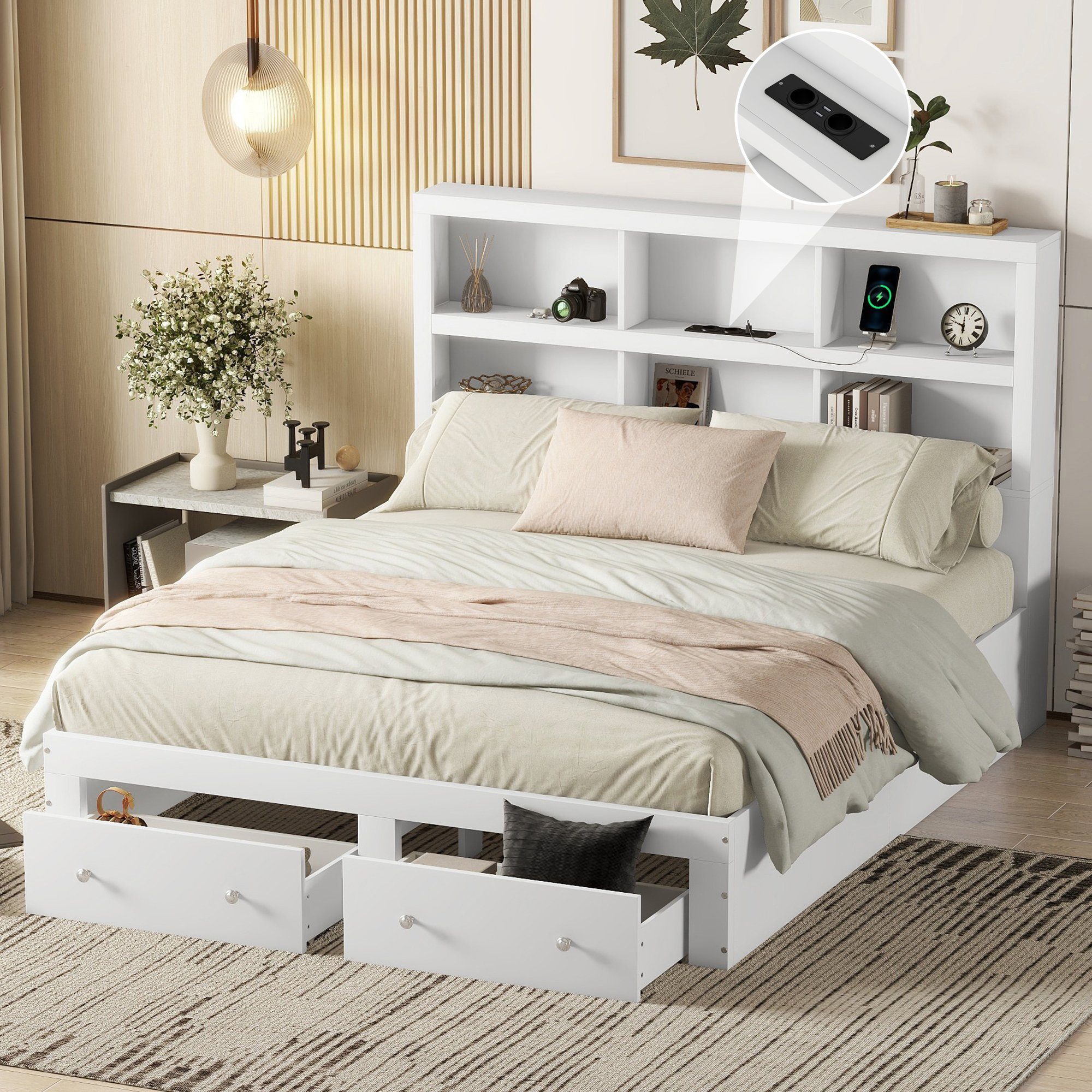 HAUSS SPLOE Holzbett Doppelbett Bettgestell Kinderbett Gästebett (Holzbett mit zwei Schubladen und Kopfteil mit Lagerregal), 160*200cm, Weiß