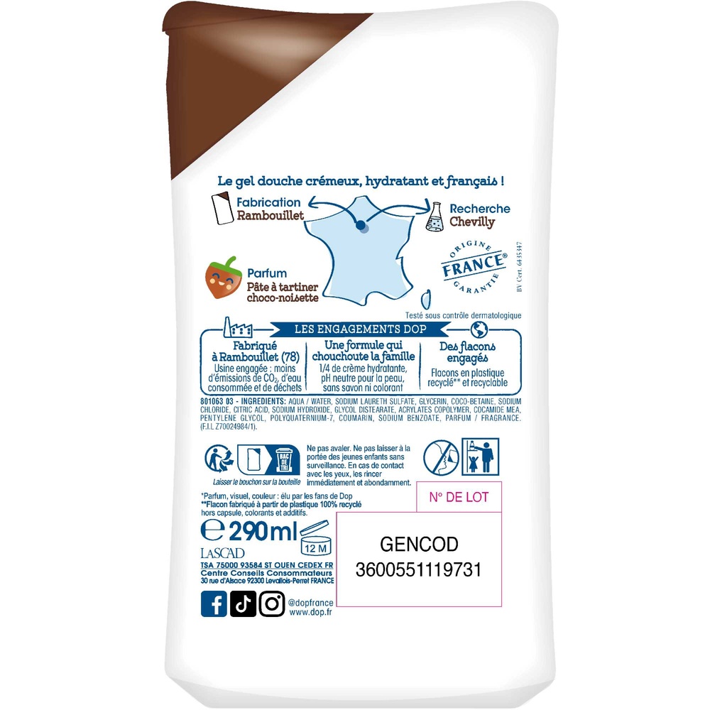 DOP Dop Douceur d’Enfances Gel douche crème au parfum de la pâte àtartiner à la noisette