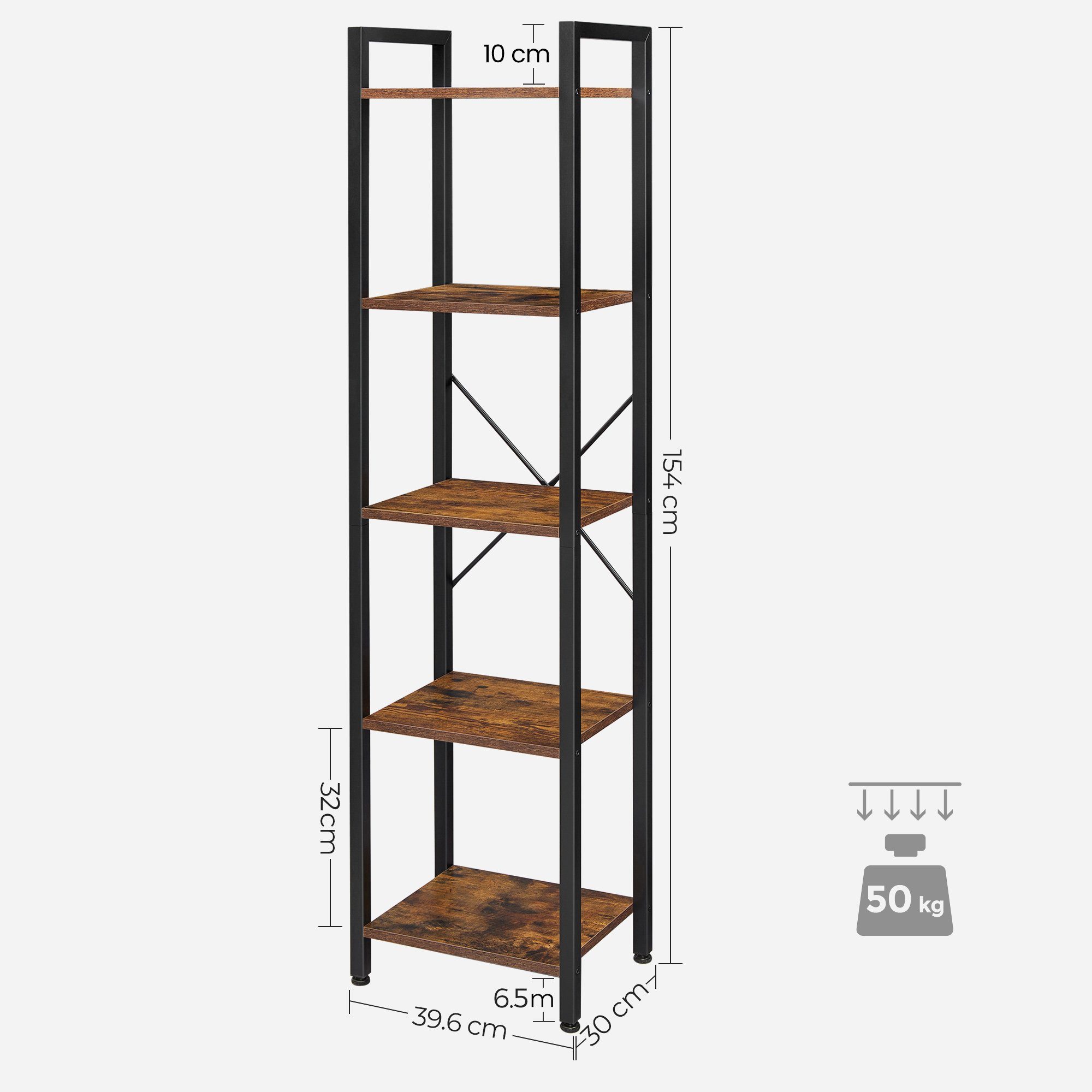 VASAGLE Bücherregal, Stahlgestell, Kippschutz, H: 154-178,5 cm
