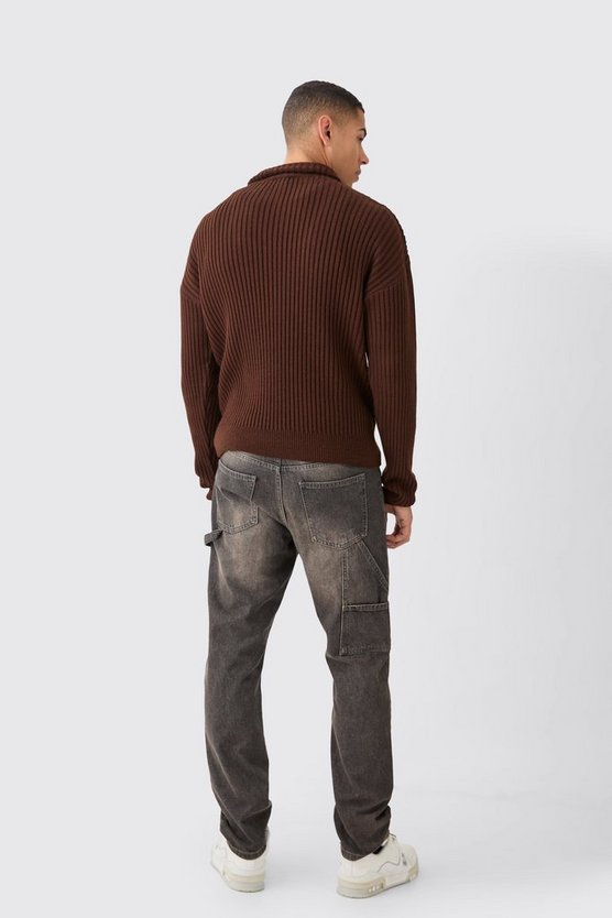 Gerippter Strick-Pullover mit 1/4 Reißverschluss und Trichterkragen