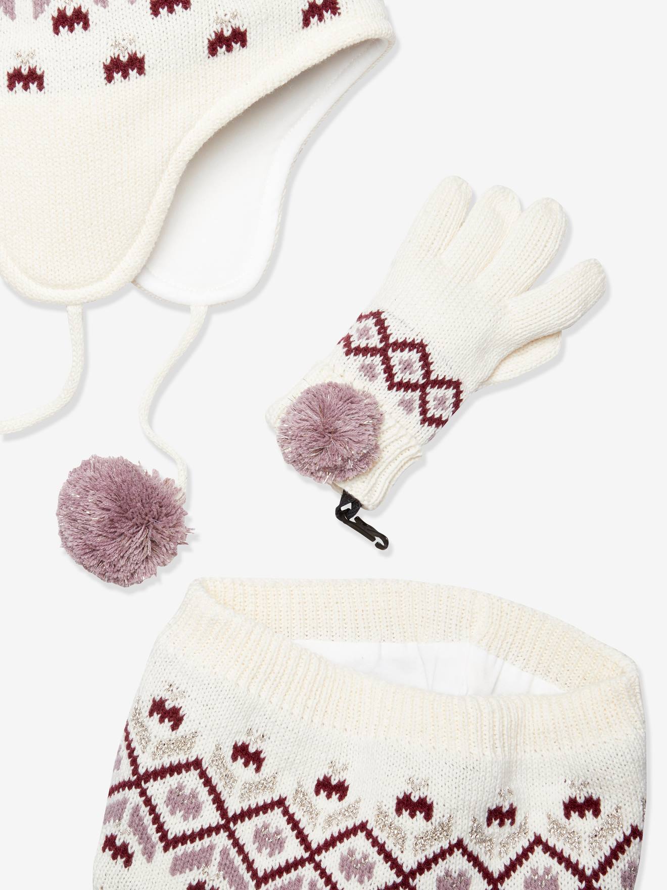 Ensemble fille bonnet + snood + gants jacquard écru