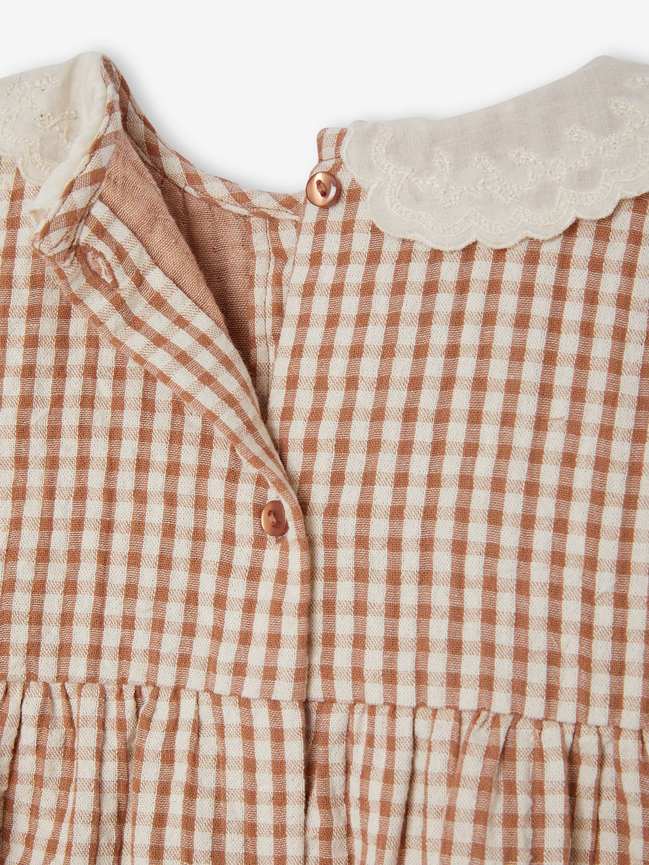 Robe vichy bébé col brodé carreaux marron