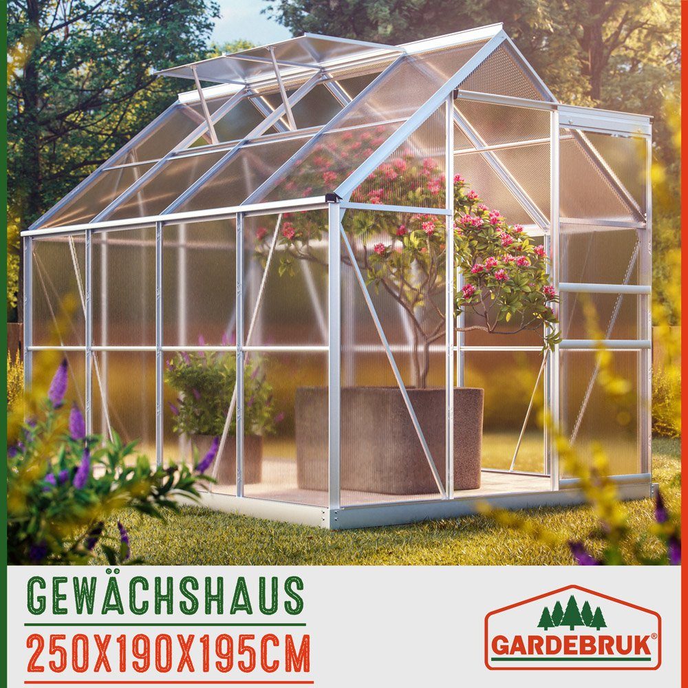 Gardebruk Gewächshaus, Aluminium 4,75m² mit Fundament 250x190cm inkl. 2 Dachfenster