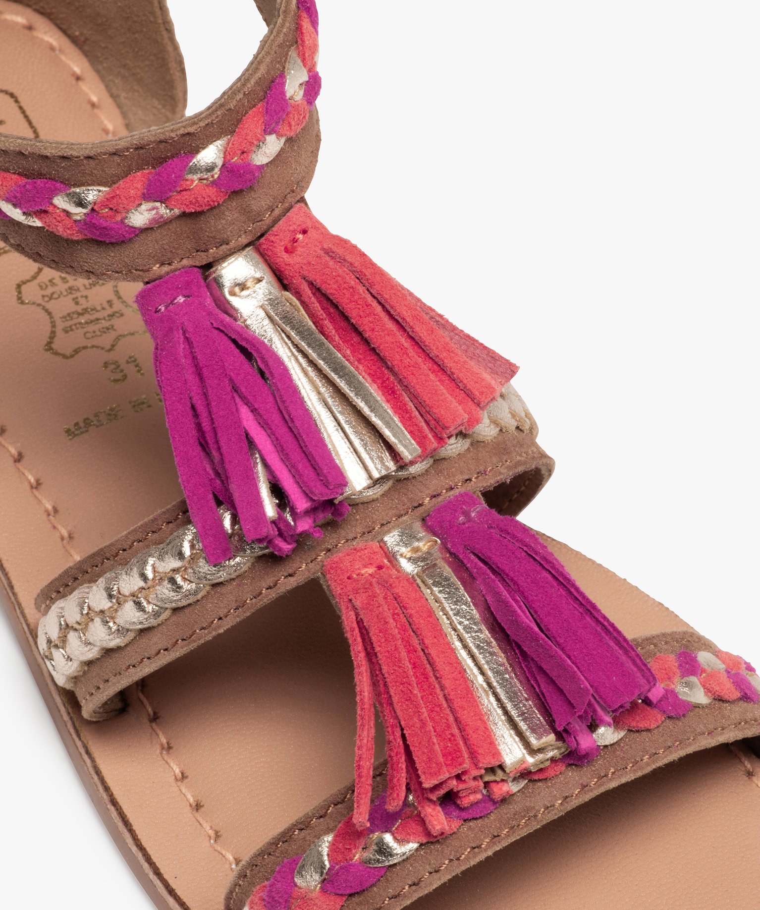 Sandales fille zippées à brides et pompons en cuir marron | GEMO