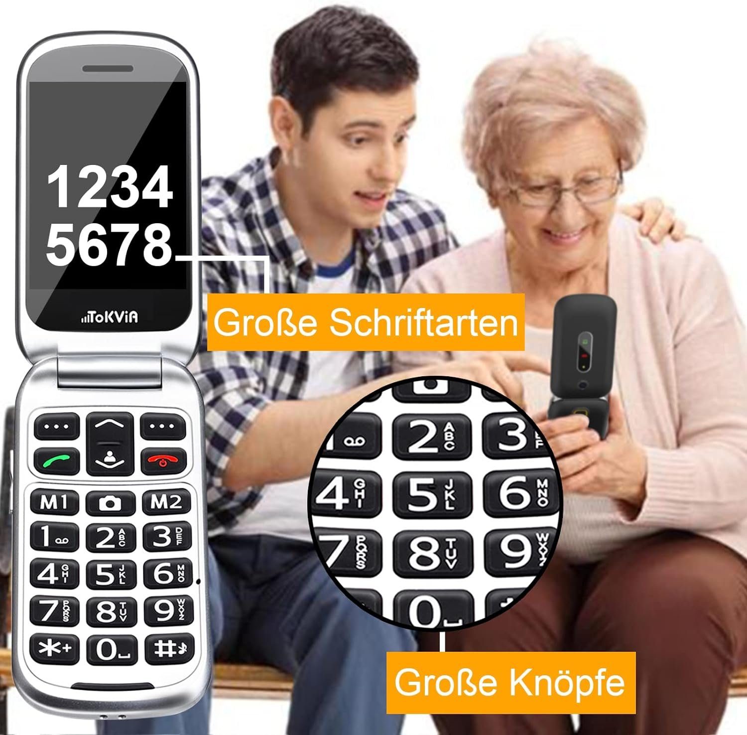 TOKVIA Seniorenhandy mit großen Tasten, für Senioren ohne vertrag 2,4-Zoll Seniorenhandy (64 GB Speicherplatz)