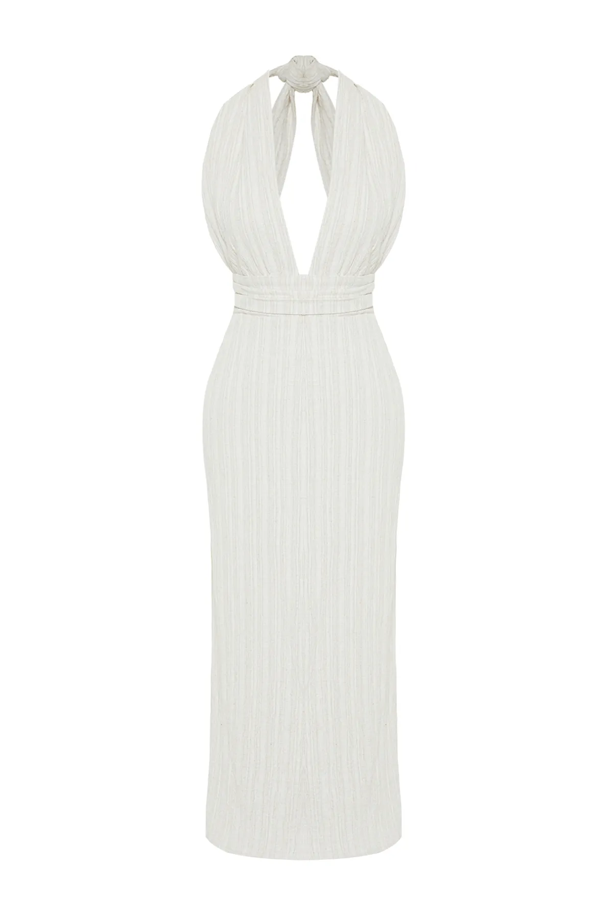 Trendyol Collection  Ecrufarbenes Maxi-Strandkleid aus Leinenmischung mit gewebtem Rücken und tiefem Ausschnitt TBESS24EL00096