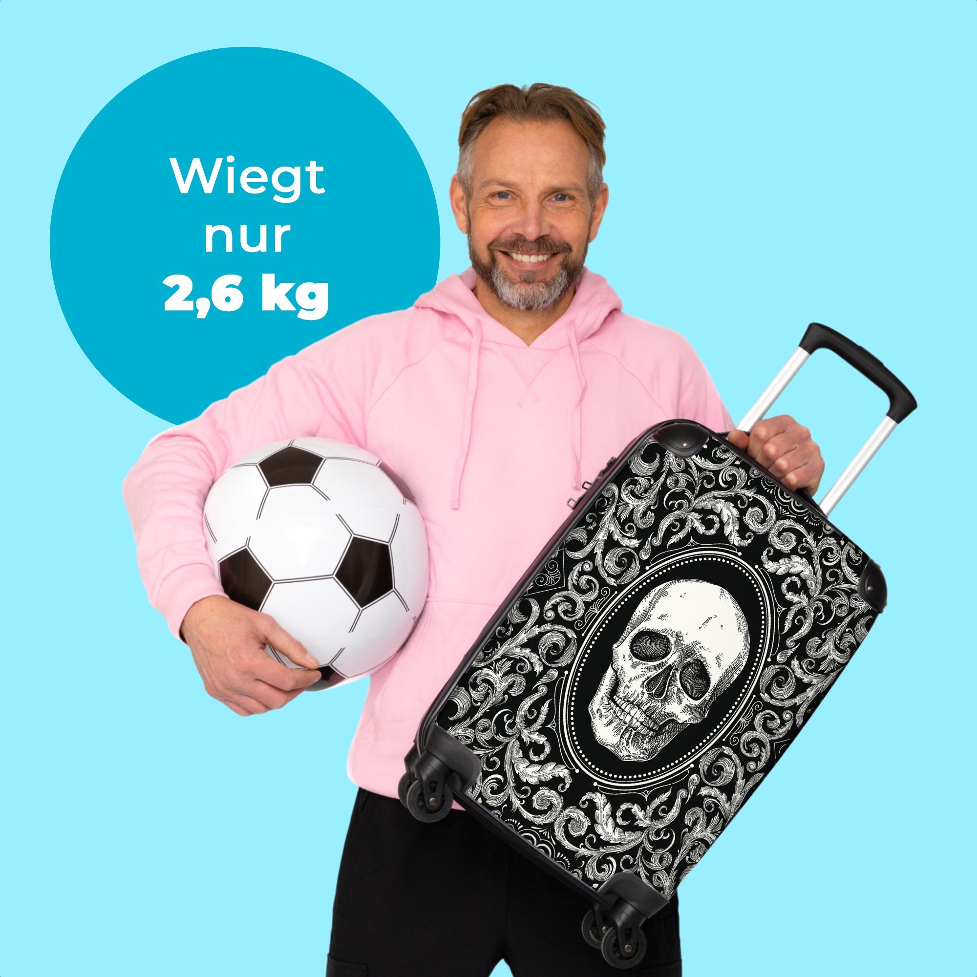 NoBoringSuitcases.com© Handgepäckkoffer 55x35x20cm Spielkarte - Totenkopf - Design - Schwarz und weiß - Männer, 4 Rollen, Handgepäck Trolley Rollkoffer Kleine Reisekoffer mit 4 Rollen - Cabin