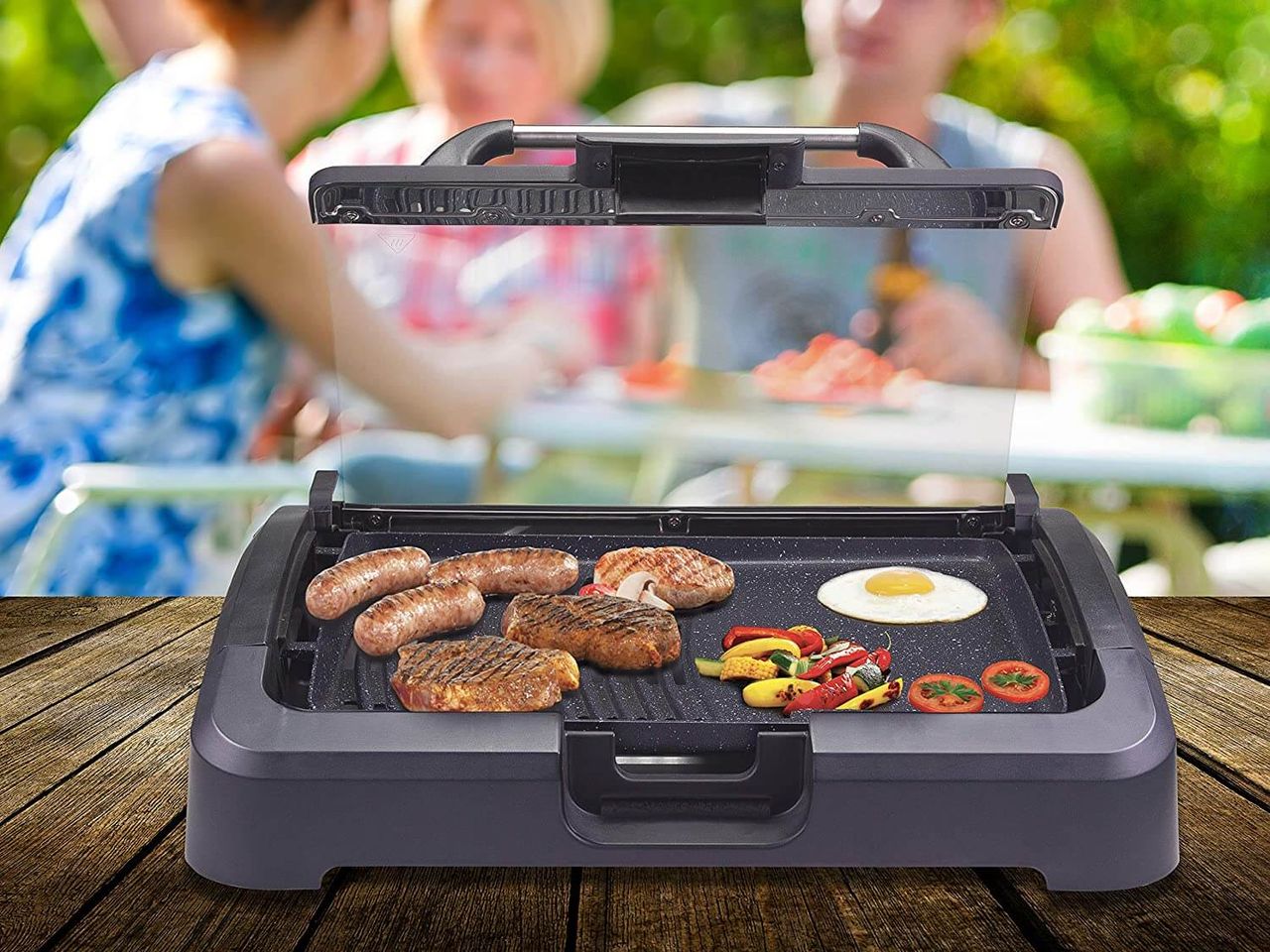 beper 90.871 Elektrogrill mit Glasdeckel, beschichtete Grillplatte, Edelstahl, 2200 W