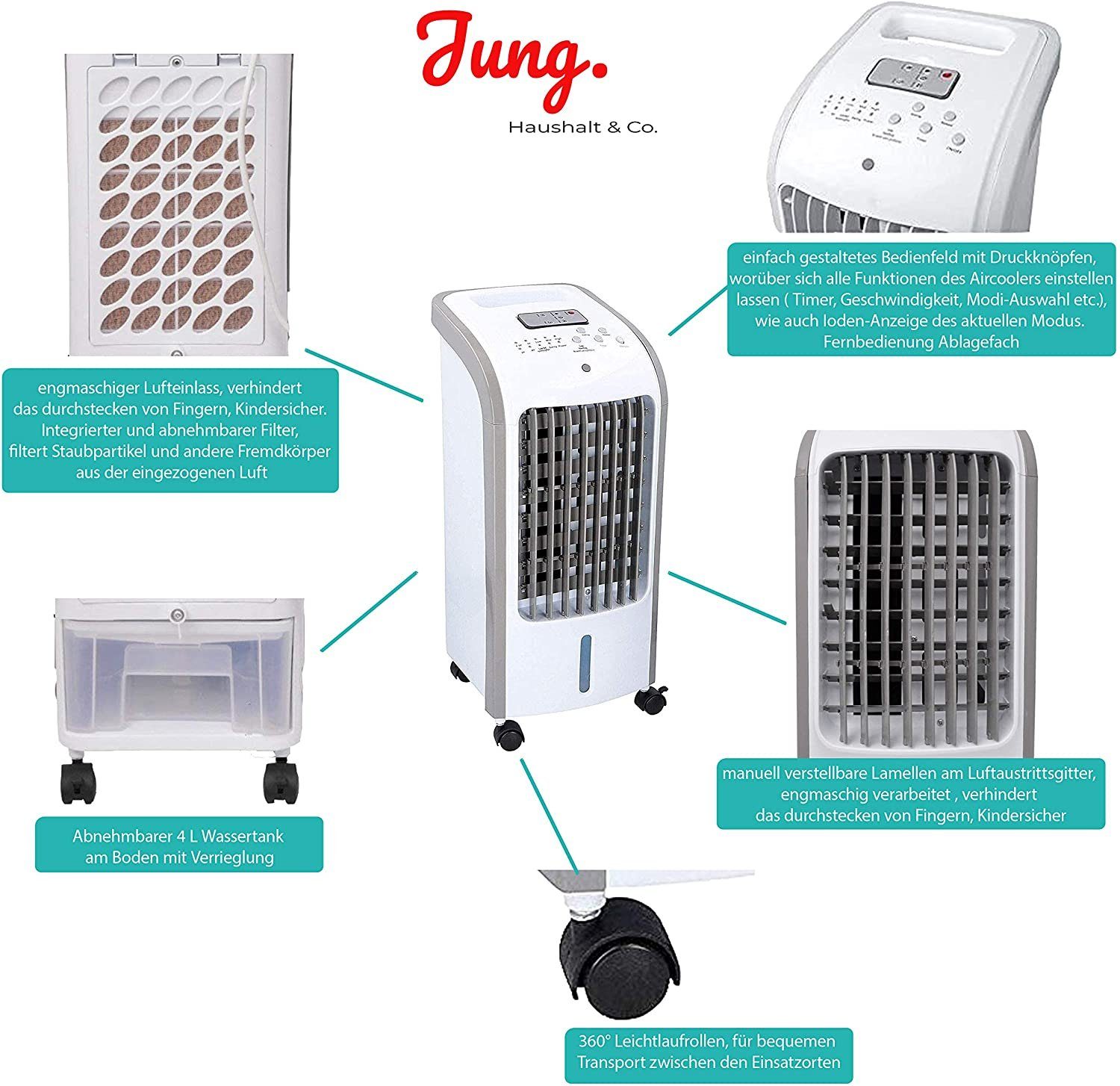 JUNG Ventilatorkombigerät COMODO mobiles Klimagerät ohne Abluftschlauch, Wasserkühlung, Aircooler, Aircondition, 60W, Luftkühler, leise, Ventilator Kühler