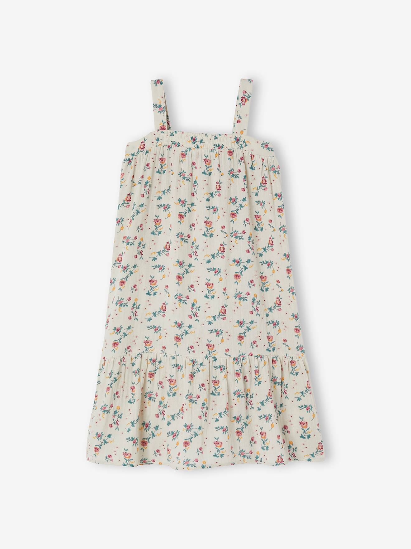Robe longue en gaze de coton fille ivoire imprimé