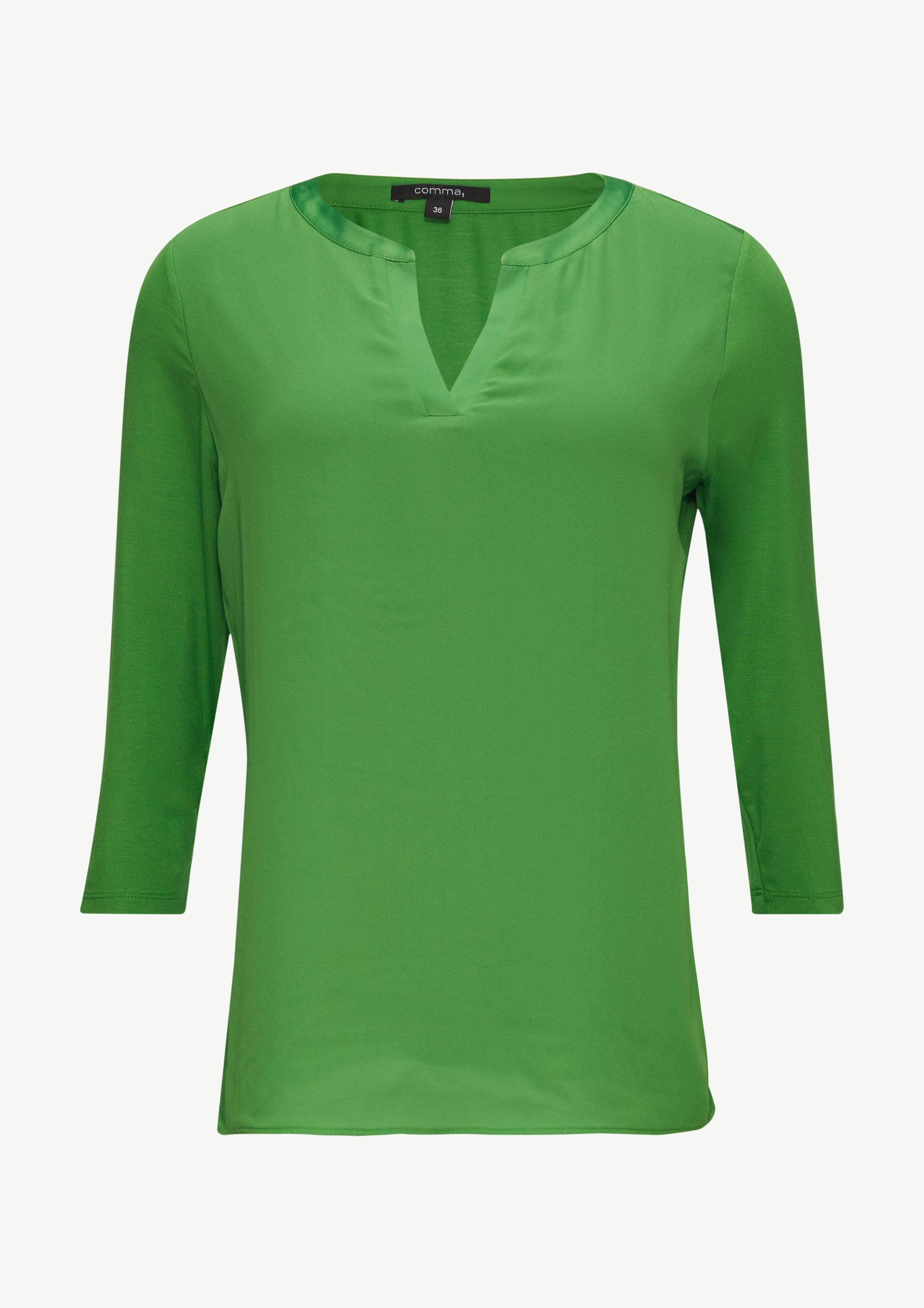 Longsleeve mit Tunika-Ausschnitt und Satinblende - grün