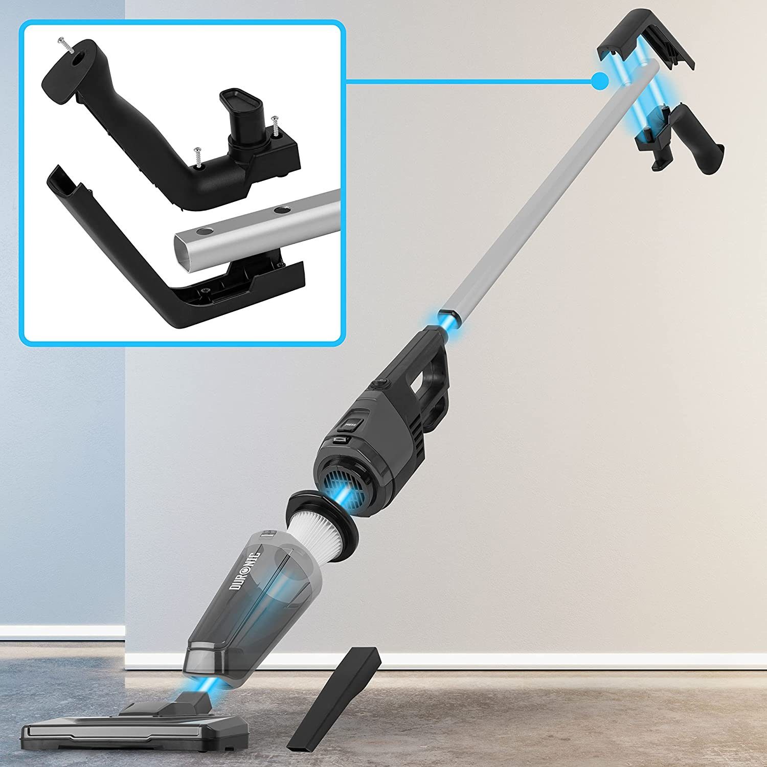 Duronic Bodenstaubsauger, VC9 Bodenstaubsauger, 2-in-1 Handstaubsauger und Stielstaubsauger, Inkluviv Bodenbürste für Tierhaar und Zubehör, Beutellos HEPA Filter, 600 Watt, Staubsauger für Auto, Kabelgebunden