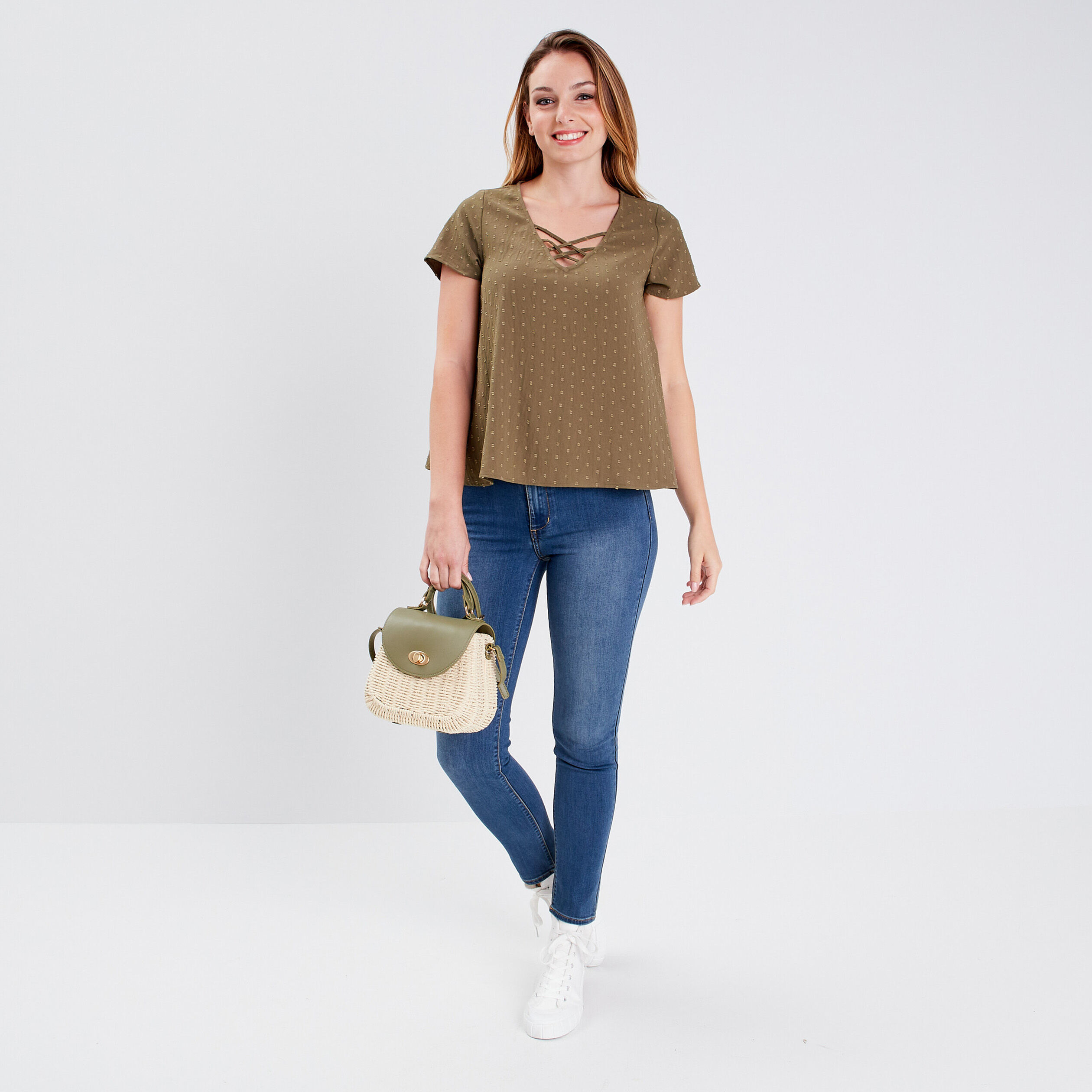 Blouse manches courtes vert kaki femme | Cache Cache