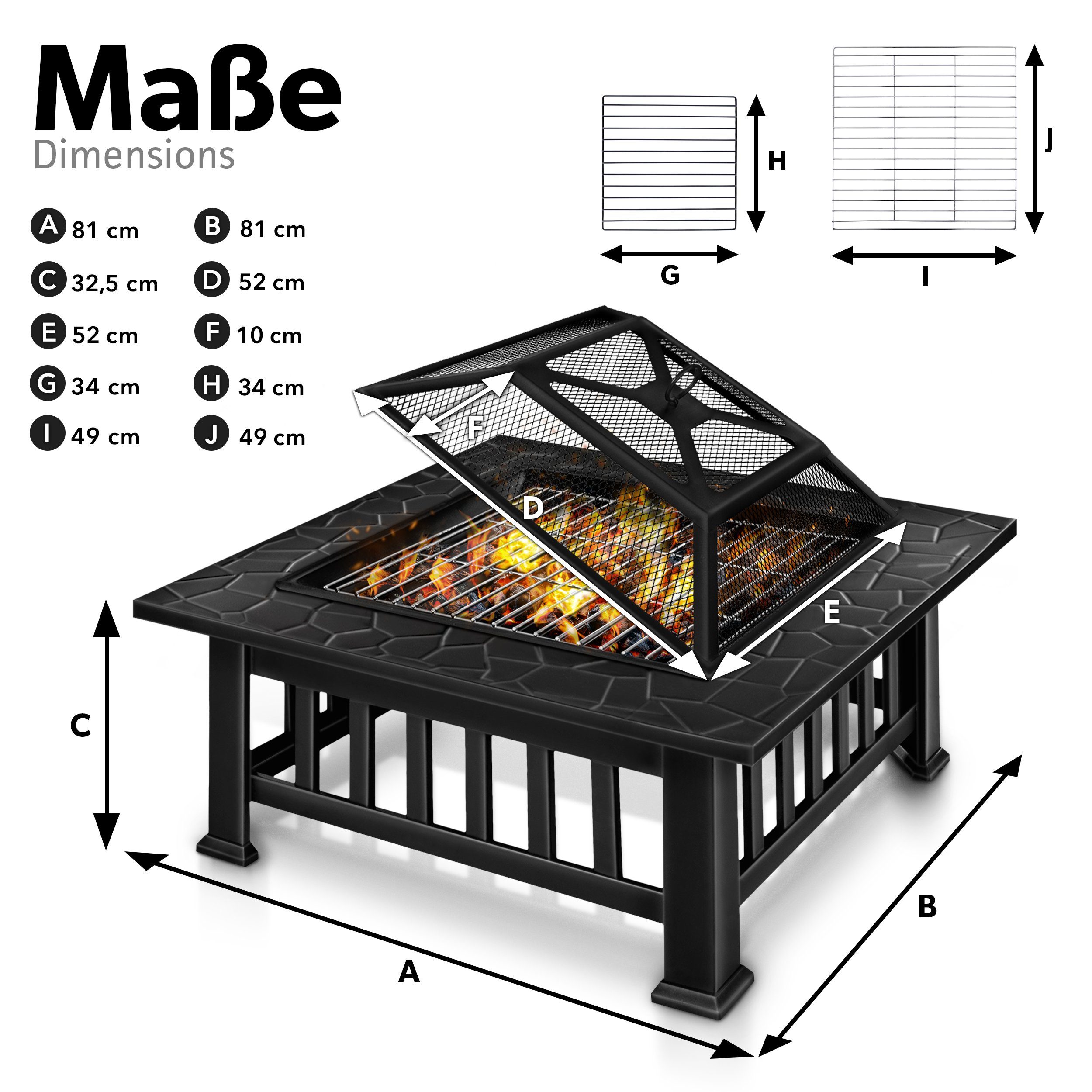 tillvex Feuerschale Feuerkorb 3 in 1 mit Funkenschutz Grill Feuerstelle mit Abdeckung, (Feuerstelle), mit Funkenschutz & Grillrost, Outdoor für den Garten, BBQ Grill