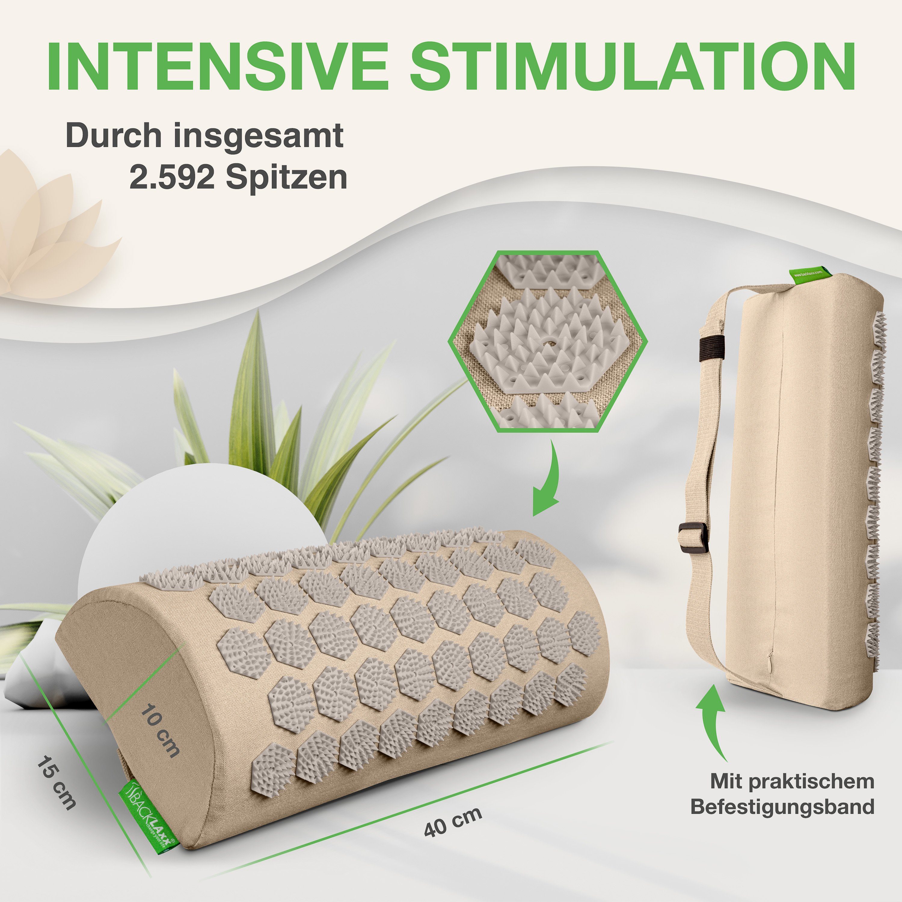 BACKLAxx® Nackenrolle Akupressur, Akupressur Kissen Nacken, Akupressur Kissen 40 x 18 x 11 cm, Insgesamt 2.592 Spitzen