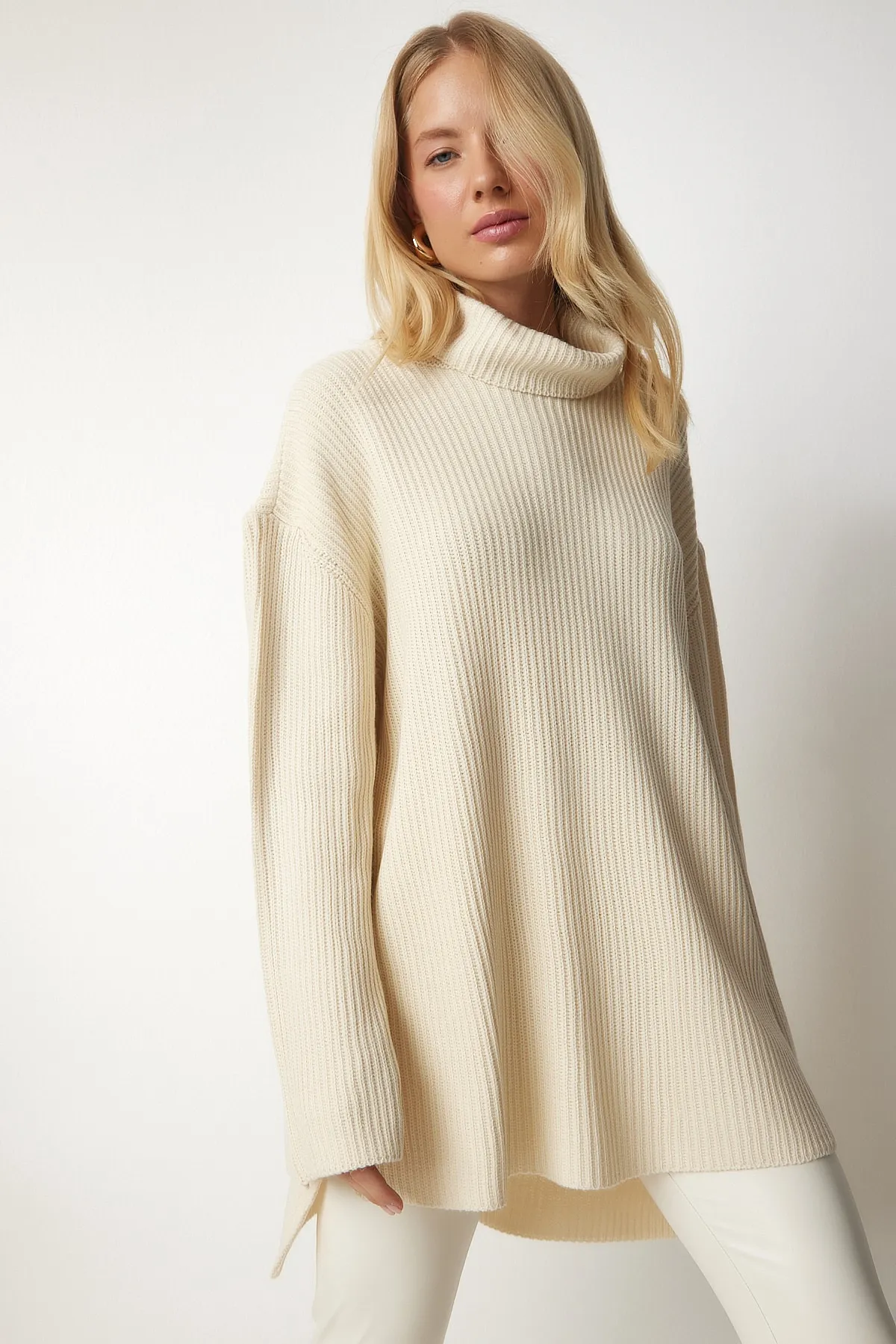Happiness İstanbul  Cremefarbener Rollkragenpullover in Übergröße für Damen, Strickpullover YY00164