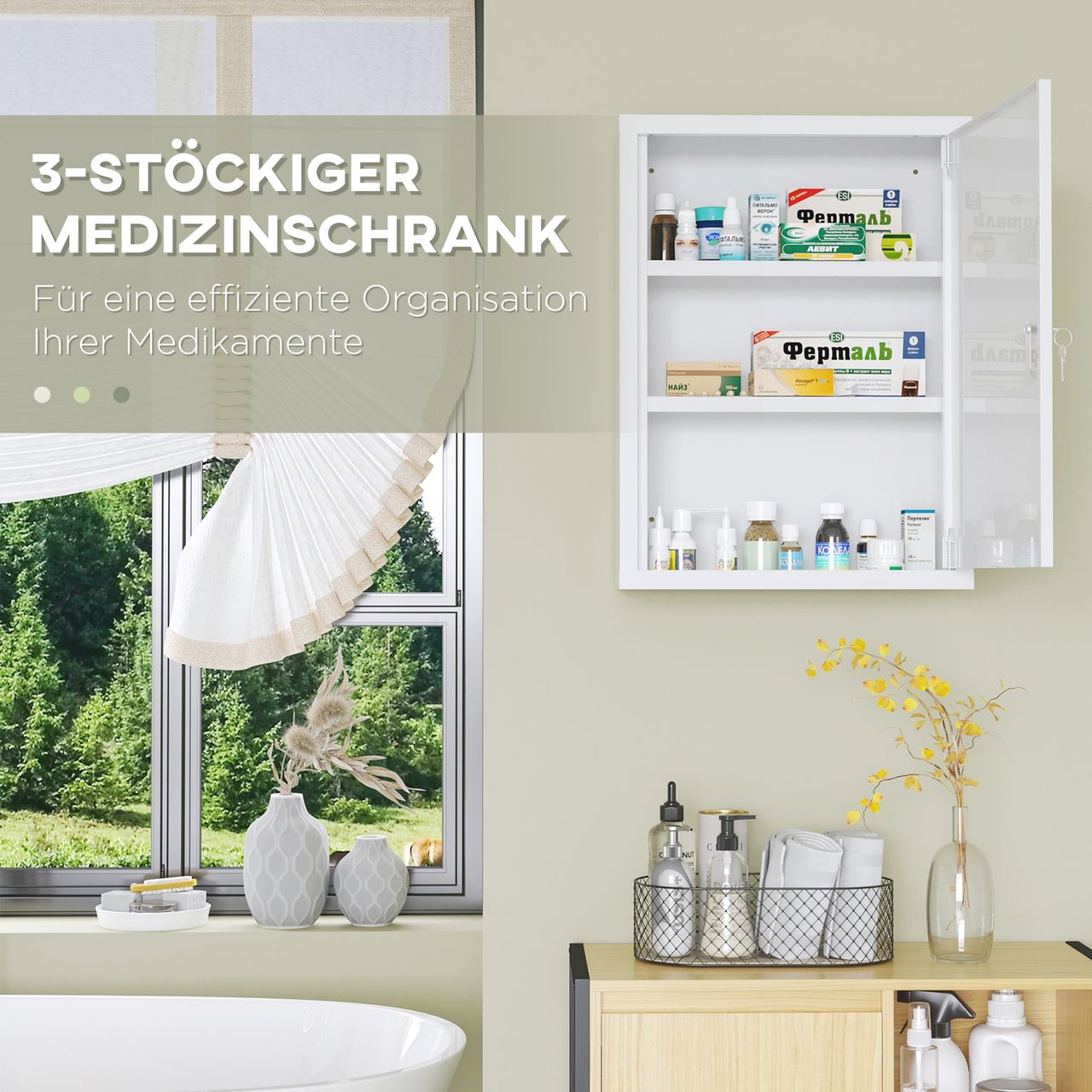 kleankin Medizinschrank, Apothekerschrank mit 3 Fächern, 2 Schlüsseln, Stahl
