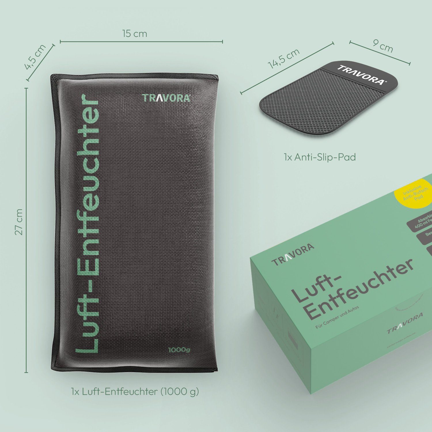 TRAVORA Luftentfeuchter Luftentfeuchter Auto Kissen mit Anti-Rutsch Pad, wiederverwendbar 1 kg
