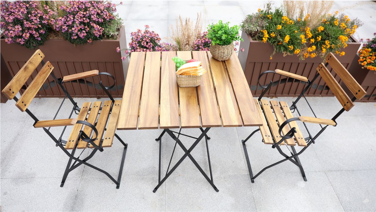HC Garten & Freizeit Bistroset Outdoor-Klappstuhl-Set 3tlg., 2-Sitzer mit 2 Streben aus Akazienholz