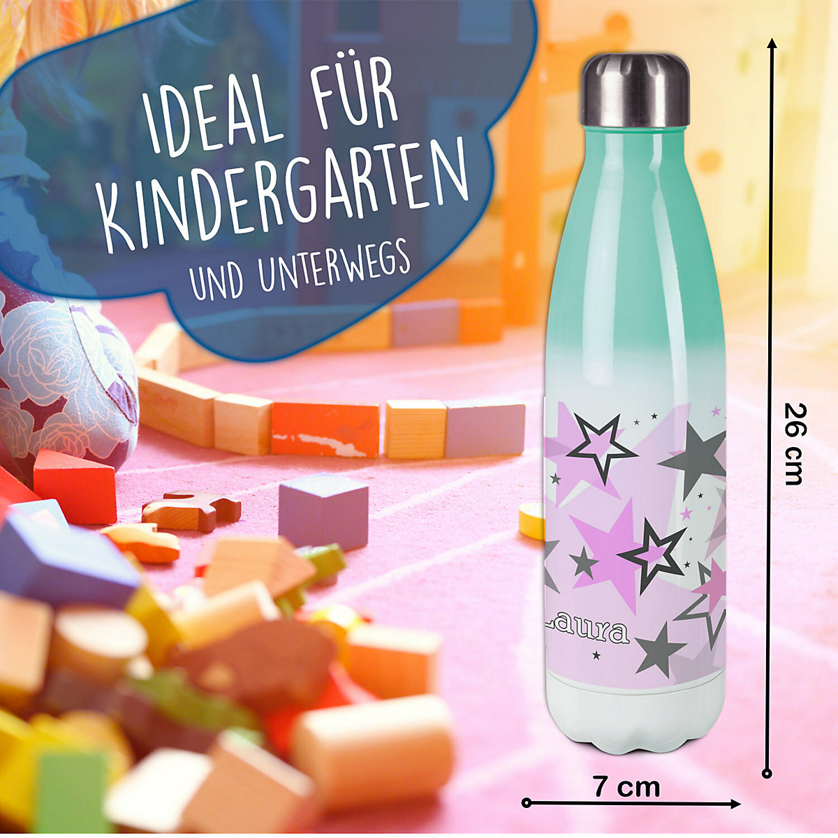 Edelstahl Kinder Thermoflasche / Trinkflasche bunt Sternenhimmel Farbe rosa grau Spülmaschinenfest, Auslaufsicher, Bruchfest, Doppelwandig, Für Heißgetränke geeignet, Mit Deckel, Isoliert
