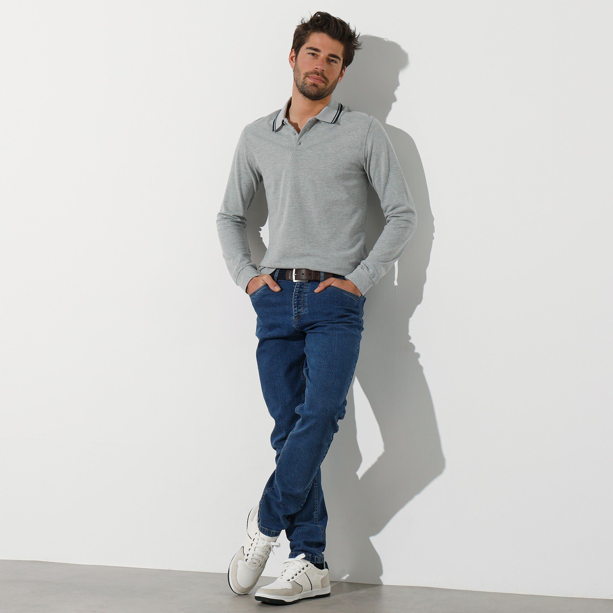 Polo uni maille piquée manches longues