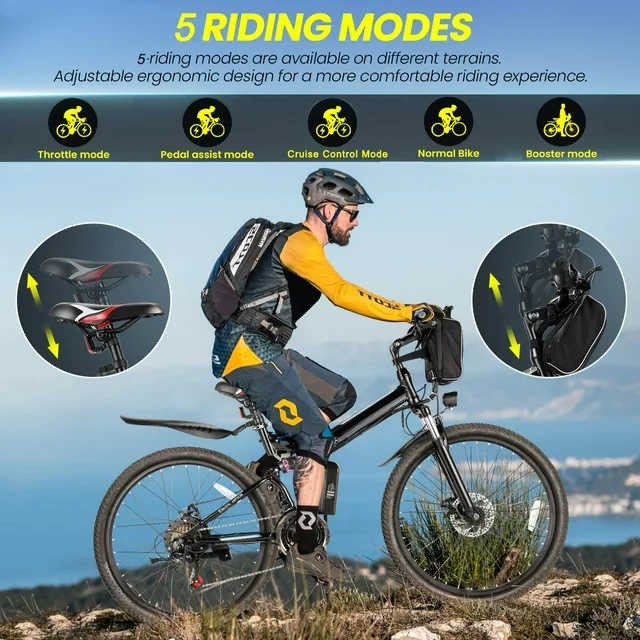 Gocio 26 in. Electric Bike for Adults, 500W Folding Electric Mountain Bicycle Max 50Miles, Full Suspension, 48V Foldable E-Bike with Removable 374.4Wh Lithium-Ion Battery Electric City Bike