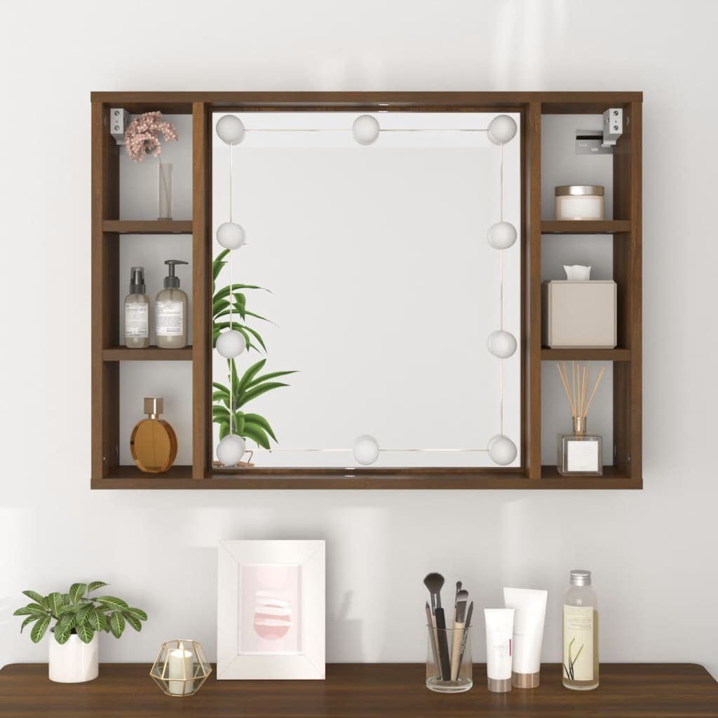 vidaXL Badezimmerspiegelschrank Spiegelschrank mit LED Braun Eiche-Optik 76x15x55 cm (1-St)