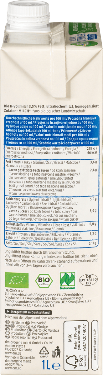 Milch, haltbare Alpenmilch 3,5 % Fett, 1 l