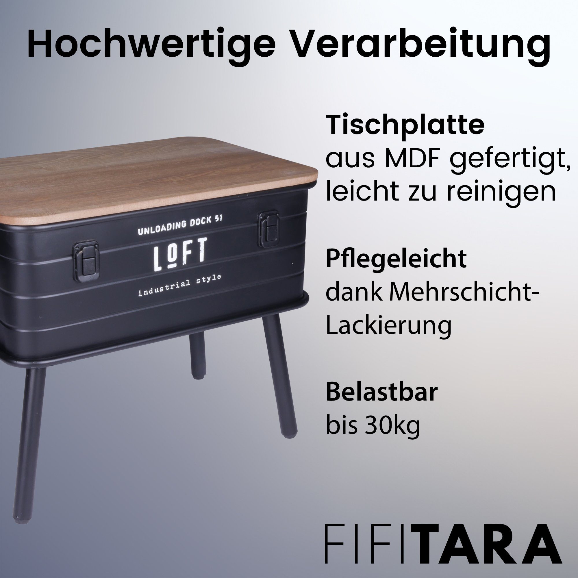 FIFITARA Beistelltisch schwarz, Retro Nachttisch, Vintage Ablagetisch, Konsolentisch, Metall mit Holzplatte und Stauraum, industrial Design