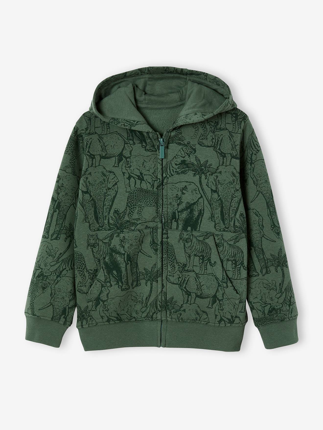 Sweat à capuche zippé motifs jungle garçon vert sauge