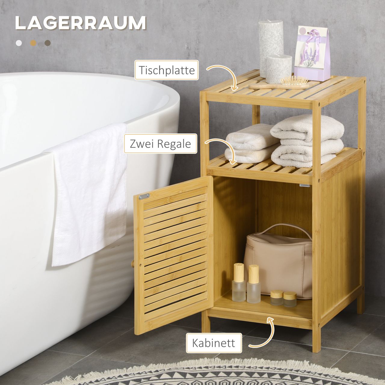 kleankin Badezimmerschrank Badschrank mit offenem Fach, Kippschutz, Bambus
