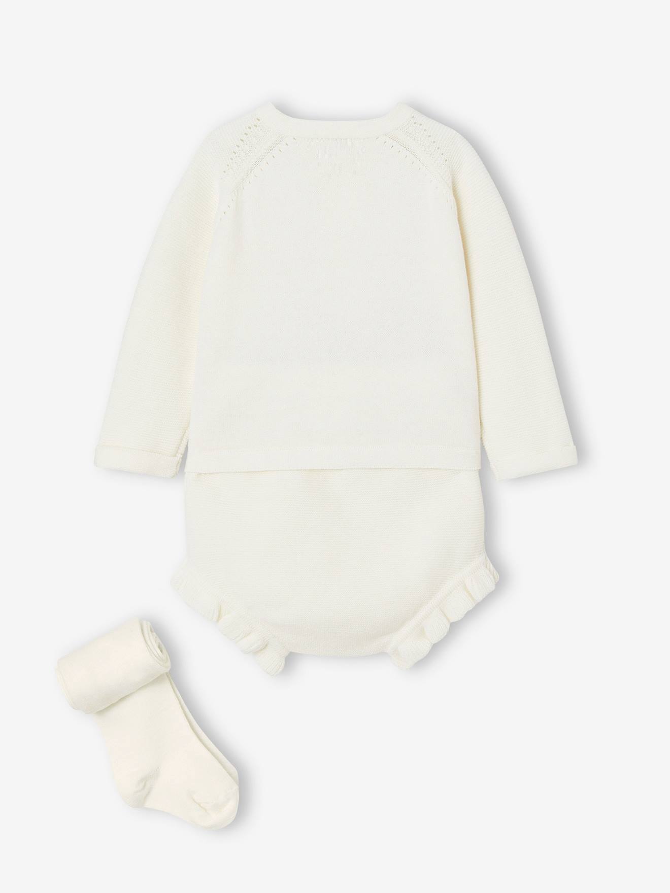 Vertbaudet Baby Strick-Set: Strickjacke, Shorts & Strumpfhose Oeko-Tex - wollweiß