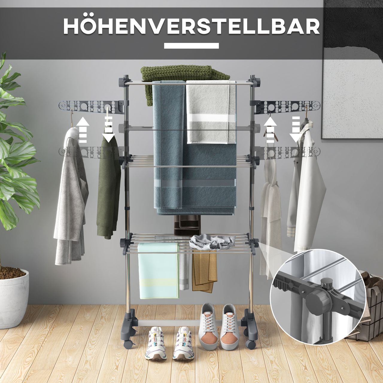 HOMCOM Mobiler Wäscheständer Wäschetrockner-Turm Seitenflügel auf 3/4 Ebenen Grau