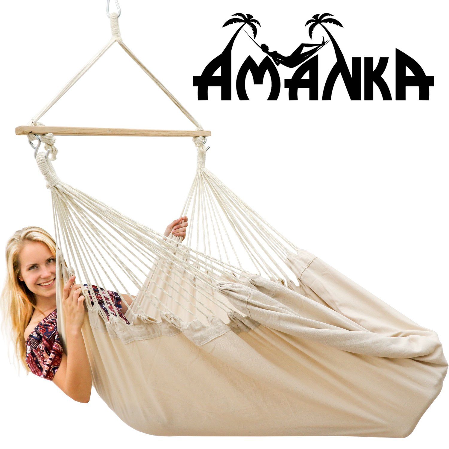 AMANKA Hängematte Extra-Sicher XXL Hängesessel Sitz-Hängematte, 185x130 cm Hängestuhl Beige