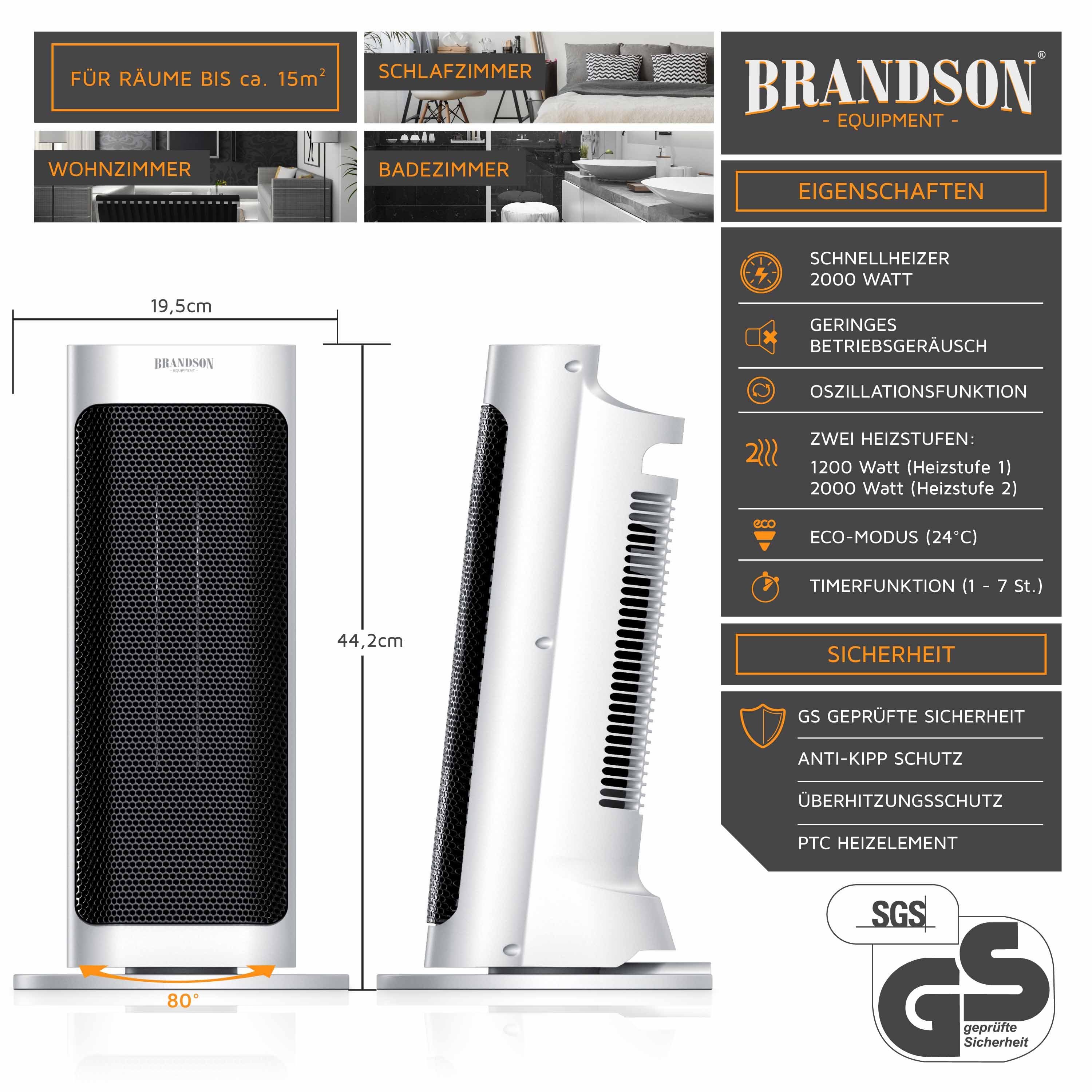 Brandson Keramikheizlüfter, 2000 W, Timer, Fernbedienung, einstellbare Temperatur, Badezimmer Heizung