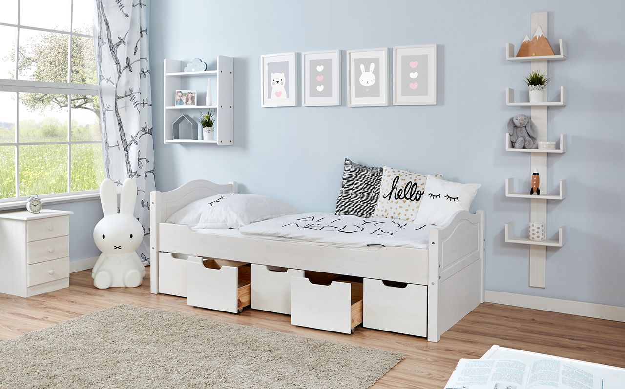 Ticaa Einzelbett Leni Kiefer weiß Var 2 - mit 5er Schubkästen