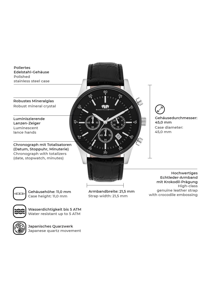 Rhodenwald & Söhne Herren Chronograph silber/schwarz Echtleder schwarz in schwarz günstig kaufen 21,5 cm